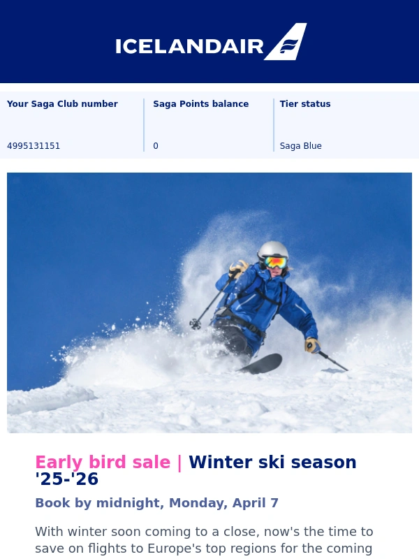 Icelandair - Early Bird Ski Sale for winter '25-'26 on sale now + Taste of Iceland Chicago + Icelandair presents Viewpoint