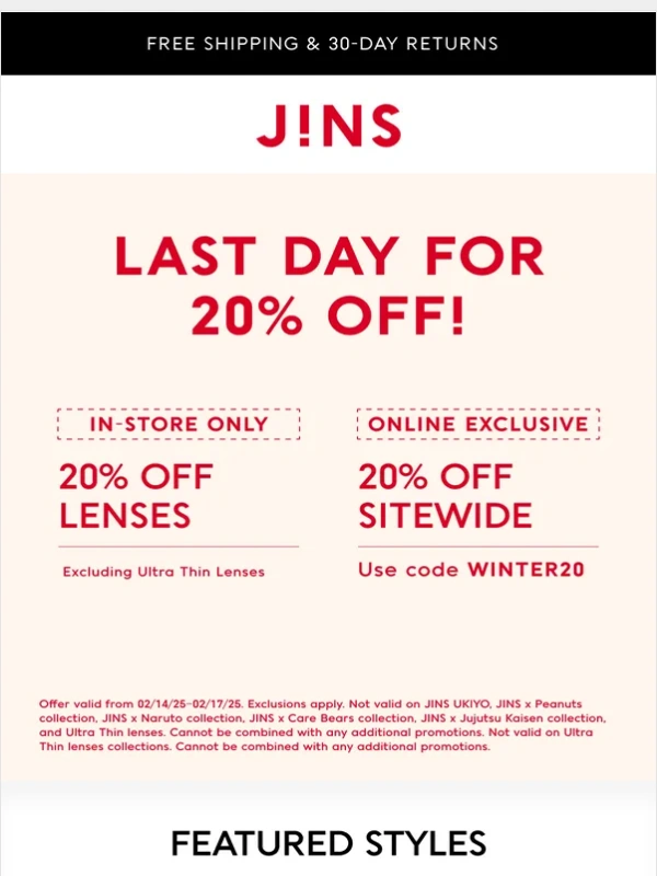Jins - Last day for 20% off!