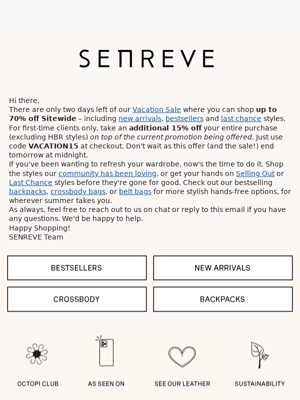 Senreve - New Client Offer: EXTRA 15% Off Sitewide*