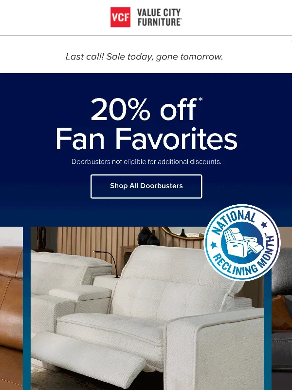 Value City Furniture - ? Red alert! 20% OFF Fan Faves ends tomorrow
