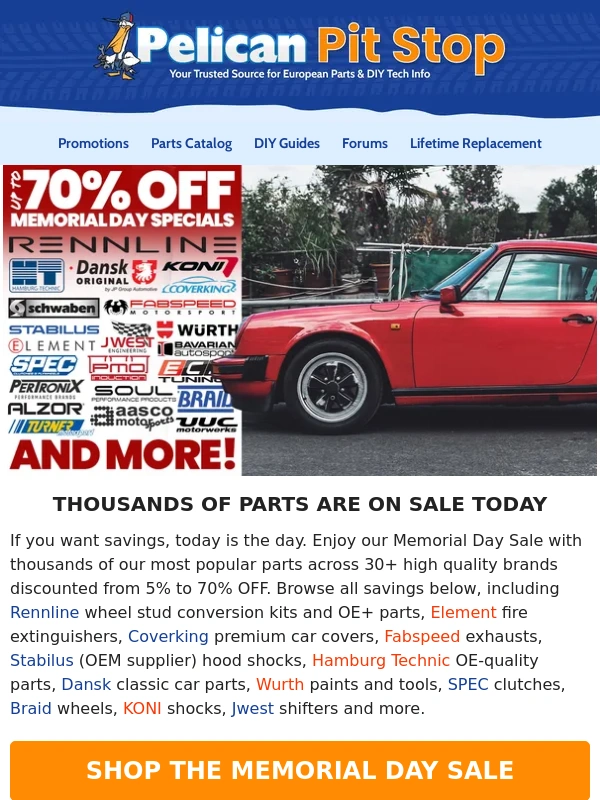 Pelican Parts - Memorial Day Sale - Thousands of Discounted Parts for You Today