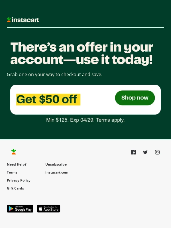 Instacart - Hey ․woo,your $50 off expires soon