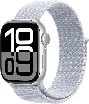 Apple Watch Series 10 [GPS 42mm] with Silver Aluminium Case with Blue Cloud Sport Loop. Fitness Tracker, ECG App, Always-On Retina Display, Carbon Neutral