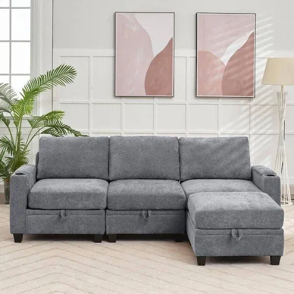 Modern 91 Chenille Square Arm L-Shaped Storage Sofa with Cup Holder and Ottoman for Living