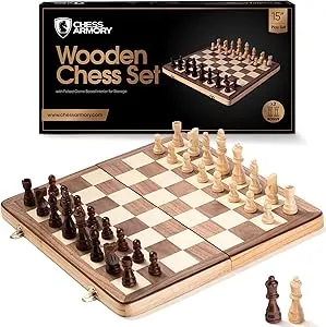 Chess Armory Wooden Chess Set 15 Inch - Classic Handcrafted Game Board for Adults and Kids with Extra Queen Pieces and Storage .
