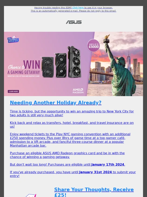 ASUS - New Year,New York ? Upgrade & Win a £5,000 Holiday With Select ASUS AMD Graphics Cards!