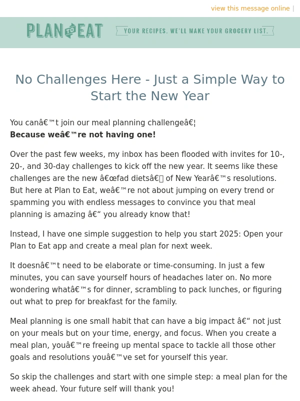 Plan to Eat - No Challenges Here - Just a Simple Way to Start the New Year