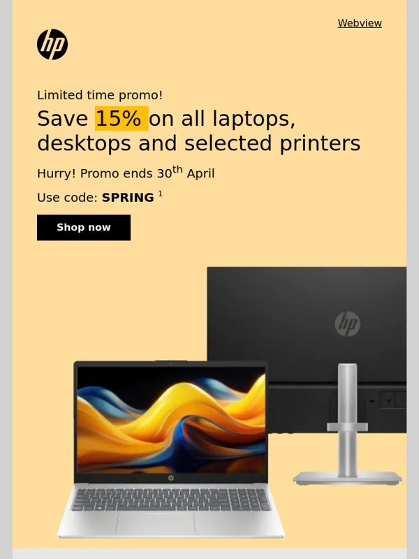 HP - Get more for less: 15% off all laptops,desktops,and selected printers