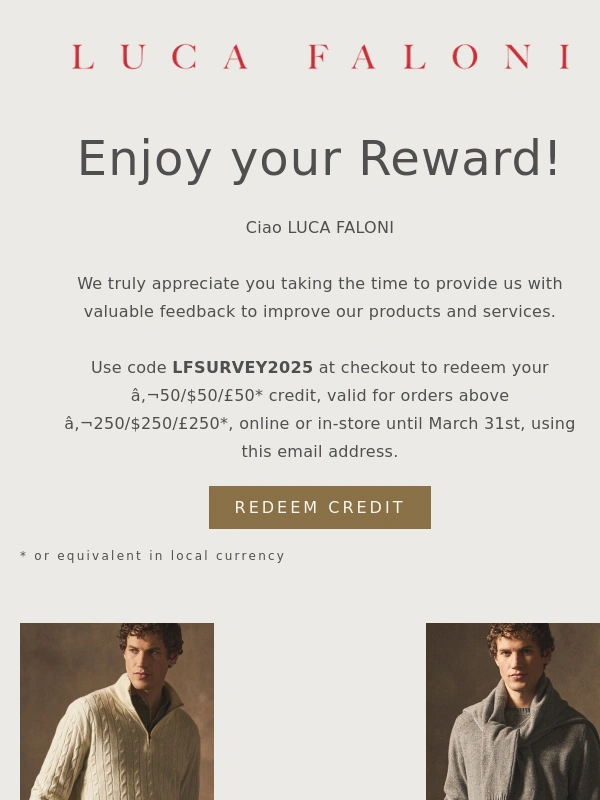 Luca Faloni - Reminder to Use Your Survey Credit Code