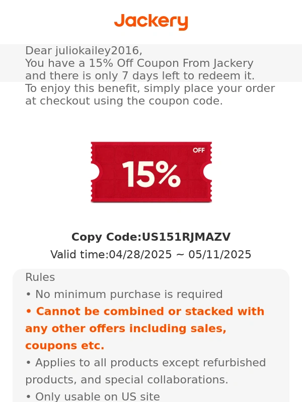 Jackery - You have 7 days left to redeem a 15% Off Coupon. Get this fantastic offer now!