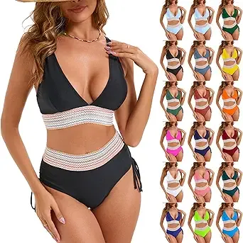 Bikini Set Bathing Suit for Women High Waisted Sets Tummy Control Swimsuits Color Block Two Piece Drawstring Swimwear Black and White