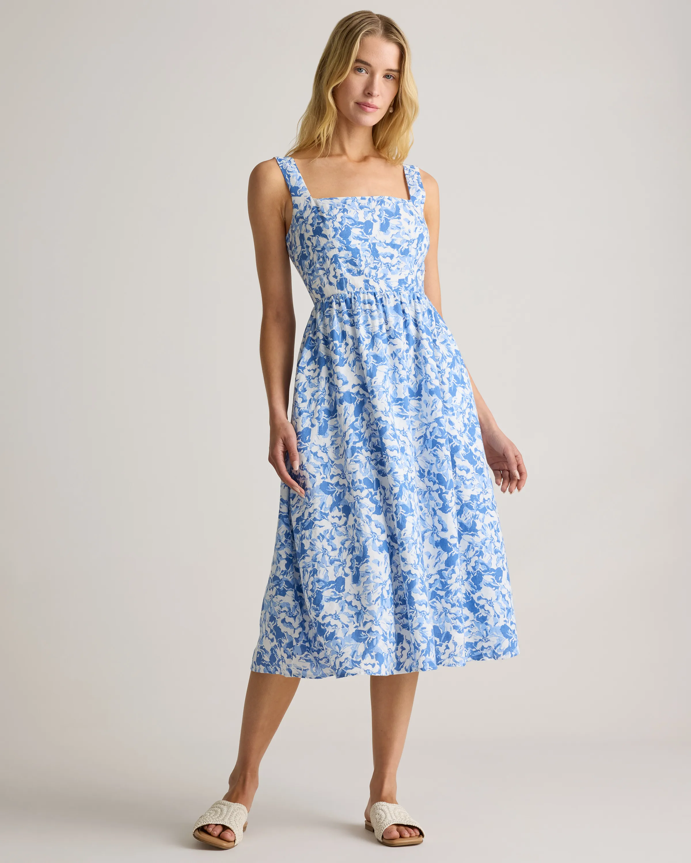 100% European Linen Fit & Flare Midi Dress