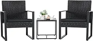 Flamaker 3 Pieces Patio Set Outdoor Wicker Furniture Sets Modern Rattan Chair Conversation Sets with Coffee Table for Yard and Bistro (Black)