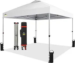 CROWN SHADES 10x10 Pop Up Canopy - Beach Tent with One Push Setup - Easy Outdoor Sun Shade for Events, Parties, Camping - Gazebo with STO-N-Go Cover Bag, Silver Coated Top, Grid White