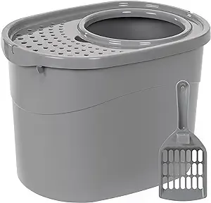 Amazon Basics Large Cat Litter Box with High Sides, Open Top, Includes Scoop, 19 x 15 x 11.75 inches, Grey/Beige