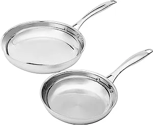 Amazon Basics 2-Piece Oven Safe, Riveted Handle Stainless Steel Induction Frying Pan Set - Silver, 8-inch & 10-inch
