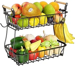 ANTOPY - 2 Tier Fruit Basket, 2 Banana Hangers, Metal Wire, Countertop, for Kitchen Counter