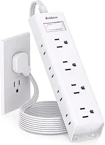 Addtam 1050J 12 AC 3-Sides Outlets 5-Ft Flat Plug Surge Protector Power Strip (White)