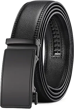 SENDEFN Mens Leather Belt Automatic Ratchet Buckle Slide Belt for Dress Casual Trim to Fit with Gift Box
