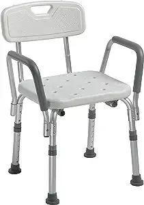 Drive Medical 12445KD-1 Shower Chair with Back and Padded Arms, Adjustable Height Bath Stool with Nonslip Feet, Tub Chair for Elderly, Bath Seat with Back, 350 LB Weight Cap, White