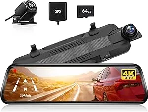 WOLFBOX G930 10'' Rear View Mirror Camera with 5.8GHz WiFi, 4K Dash Cam Front and Rear with WDR, Touch Screen Rearview Mirror Backup Camera, Parking Monitor, Reverse Assist, Includes 64GB Card & GPS