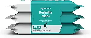 Amazon Basics Adult Wet Wipes Flushable Fragrance Free, 126 Count (3 Packs of 42) Packaging May Vary