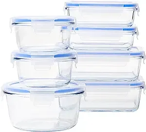 Amazon Basics Leak-Proof Glass Locking Lids Food Storage Containers, 14-Piece Set, 7 Count of Bases and 7 Plastic Lids, Clear, Blue, BPA Free