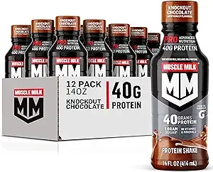 Muscle Milk Pro Advanced Nutrition Protein Shake, Knockout Chocolate, 14 Fl Oz Bottle, 12 Pack, 40g Protein, 1g Sugar, 16 Vitamins & Minerals, 6g Fiber, Workout Recovery, Packaging May Vary