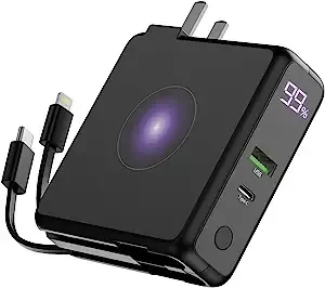 Sanag K12 Pro Power Bank, 22.5W Portable Charger 10000mAh with Built-in USB C Cables, 15W Wireless Charger with AC Wall Plug