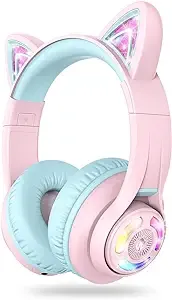 iClever Cat Ear Kids Bluetooth Headphones, LED Lights Up, 74/85dBA Safe Volume Limited, 50H Playtime,Bluetooth 5.2, USB C, Kids Headphones Wireless for Travel iPad Tablet, Meow Macaron Pink