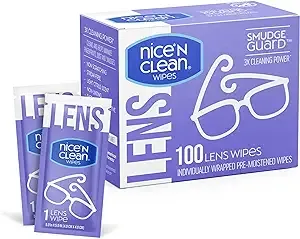 Nice n Clean SmudgeGuard Lens Cleaning Wipes (100 Total Wipes) | Pre-Moistened Individually Wrapped Wipes | Non-Scratching & Non-Streaking | Safe for Eyeglasses, Goggles, & Camera Lens