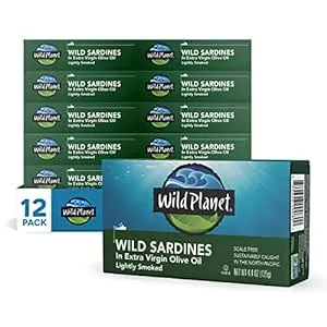 Wild Planet Wild Sardines in Extra Virgin Olive Oil, Lightly Smoked, Tinned Fish, Sustainably Wild-Caught, Non-GMO, Kosher, Gluten Free, 4.4. Ounce (Pack of 12)