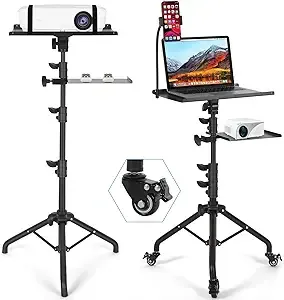 Laptop Tripod on Wheels with 2 Shelves, Portable Projector Floor Stand Adjustable Height 25.9 to 51.8 Inch with Phone Holder