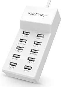 USB Charger Station Block with Rapid Charging Auto Detect Technology Safety Guaranteed 10-Port Family-Sized Smart USB Ports for Multiple Devices Smart Phone Tablet Headphones