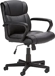Amazon Basics Office Computer Task Desk Chair with Padded Armrests, Mid-Back, Adjustable, 360 Swivel, Rolling, 275 Pound Capacity, BIFMA Certified, 24.2"D x 24"W x 34.8"H, Black Faux Leather
