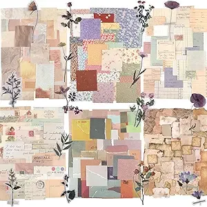 GNILLKO 445 PCS Vintage Scrapbook Paper Journaling Scrapbooking Supplies Kit Aesthetic Decorative Craft Paper include 40 Sheet Flowers Stickers for