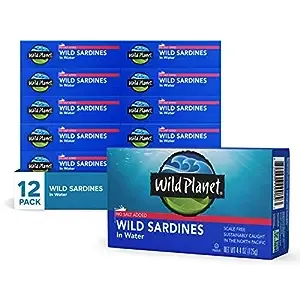 Wild Planet Wild Sardines in Water, No Salt Added, Tinned Fish, Non-GMO, Sustainable 4.4 Ounce , (Pack of 12)