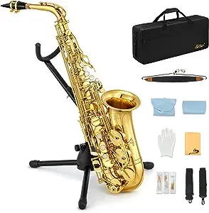 Eastar As Student Alto Saxophone E Flat Gold Lacquer Alto Beginner Sax Full Kit with Carrying Sax Case Mouthpiece Straps Reeds