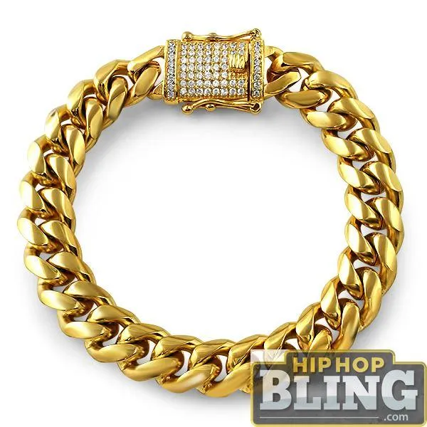 HipHopBling CZ Diamond Lock Gold Steel Cuban Bracelet 14MM