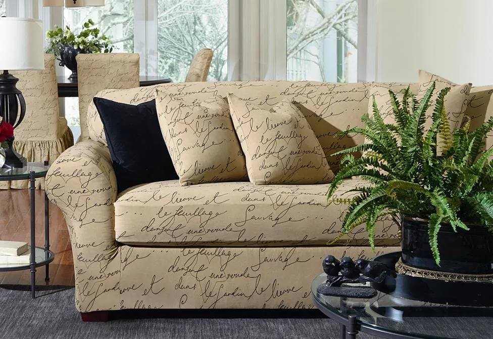 SureFit Stretch Pen Pal by Waverly   Sofa Slipcover   Stretch Fit   Script Print   Final Sale in Parchment