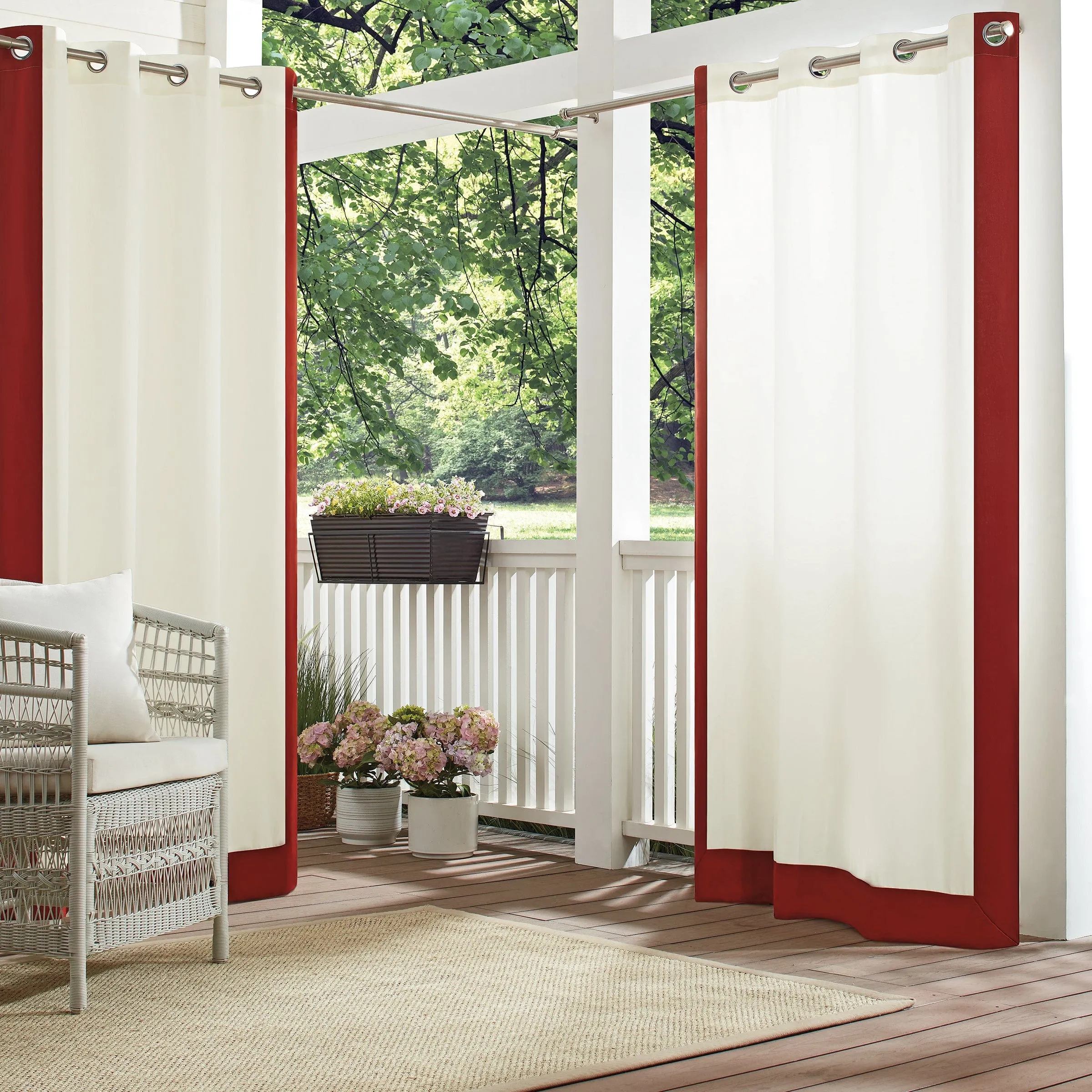 Sun & Shade by Waverly Hampton Border Outdoor Curtain Panel   Final Sale in Red 52 x 108 SureFit