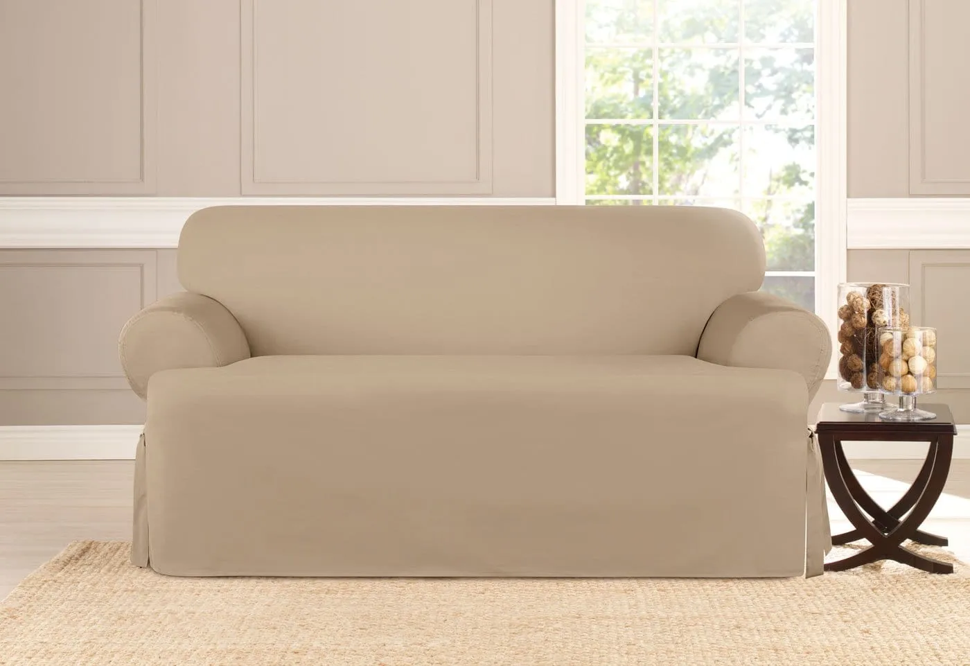 Heavyweight Cotton Duck One Piece Loveseat Slipcover   100% Cotton   Machine Washable T-Cushion in Khaki SureFit