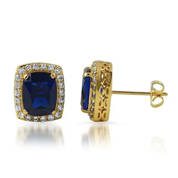 HipHopBling .925 Sterling Silver Gold Lab Sapphire Blue Gem Earrings
