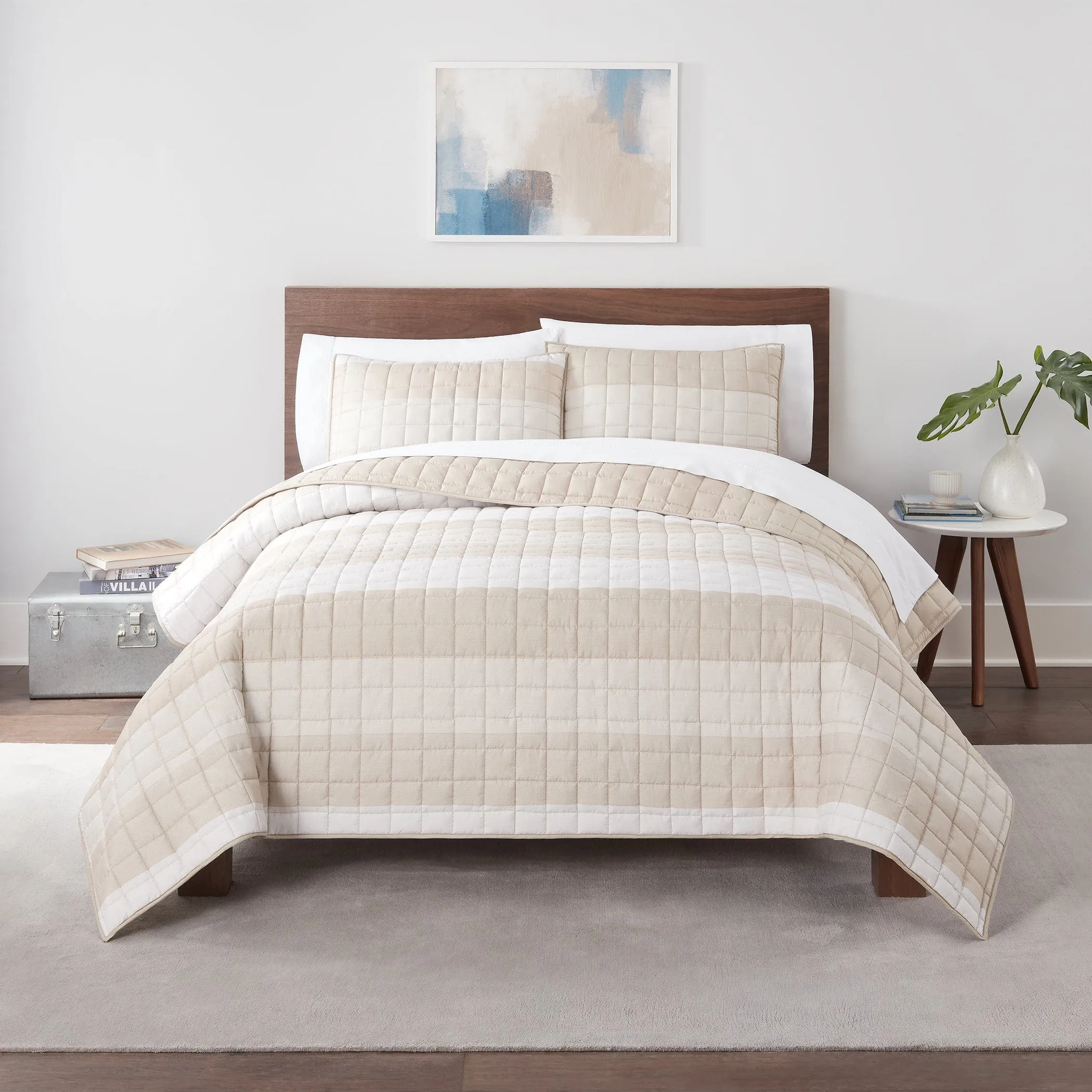 Simply Clean by Serta Textured Stripe Comforter Quilt in Natural Full/Queen Size