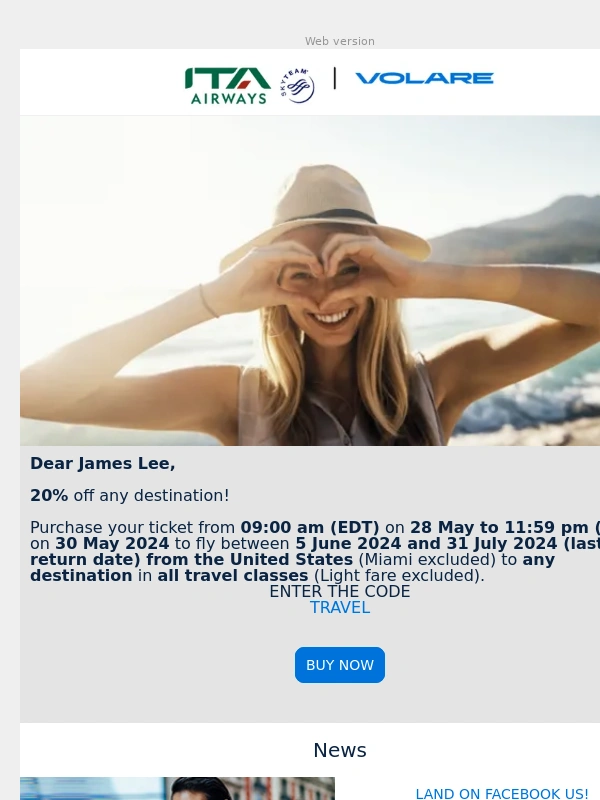 Ita Airways - 20% off any destination