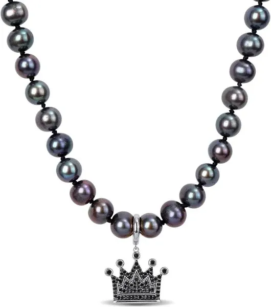 Sterling Silver Black Freshwater Cultured Pearl and Diamond Crown Necklace