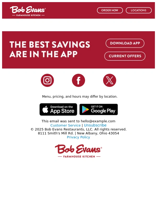 Bob Evans - Surprise! Gift Card Flash Sale! Today Only!