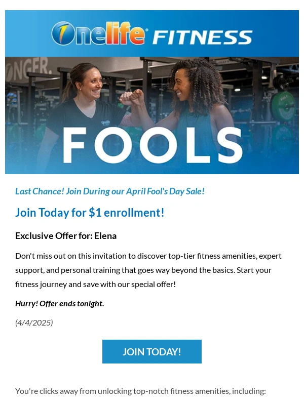 Onelife Fitness - Ends Tonight: ? Join Onelife for $1!