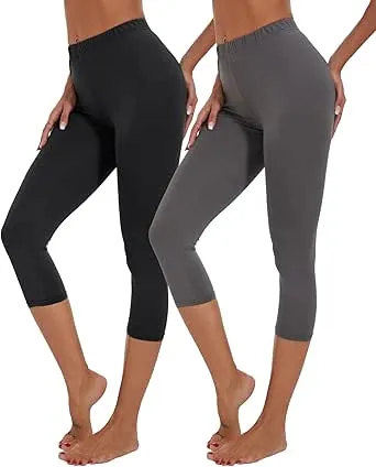 BATHRINS 2-Pack Womens Plus Size Knee Length Summer Soft Capri Pants Lightweight Breathable Leggings Black Charcoal