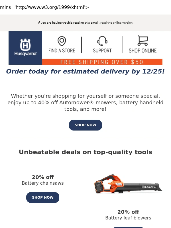 Husqvarna - LAST CHANCE for holiday delivery – save up to 40%